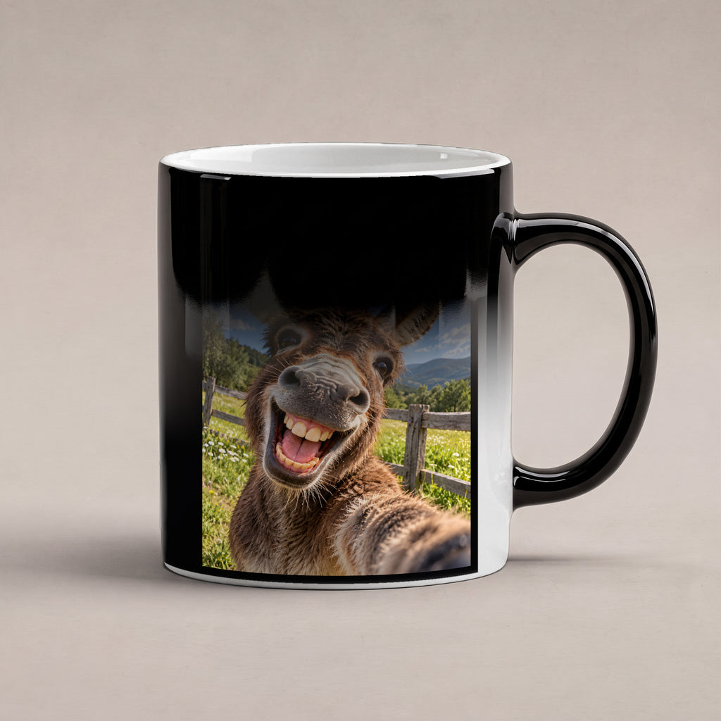 Lachender Esel – Tasse mit Spruch. Zaubertasse: Wärmeeffekt. 6 WAERMEEFFEKT. KI-Motiv.