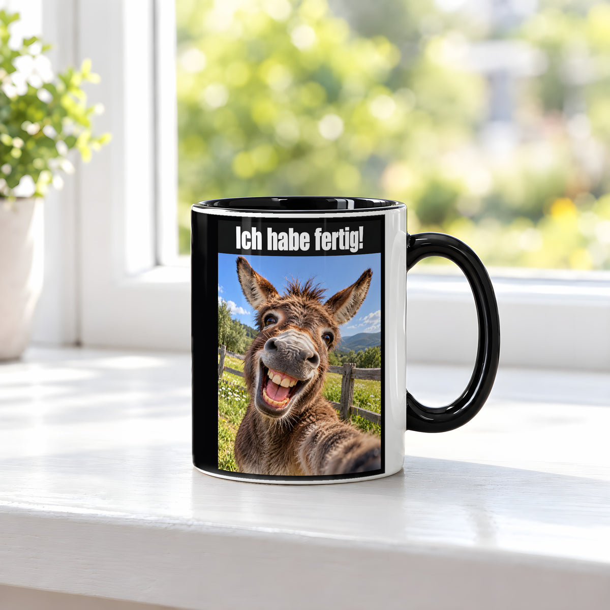 Lachender Esel – Tasse mit Spruch. Innen schwarz. 3 FENSTER. KI-Motiv.