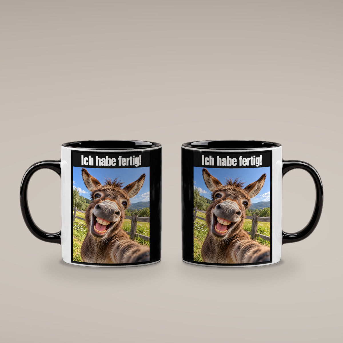 Lachender Esel – Tasse mit Spruch. Innen schwarz. 4 BEIDE SEITEN. KI-Motiv.