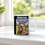 Lachender Esel – Tasse mit Spruch. Weiß. 3 FENSTER. KI-Motiv.