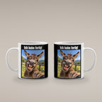 Lachender Esel – Tasse mit Spruch. Weiß. 4 BEIDE SEITEN. KI-Motiv.
