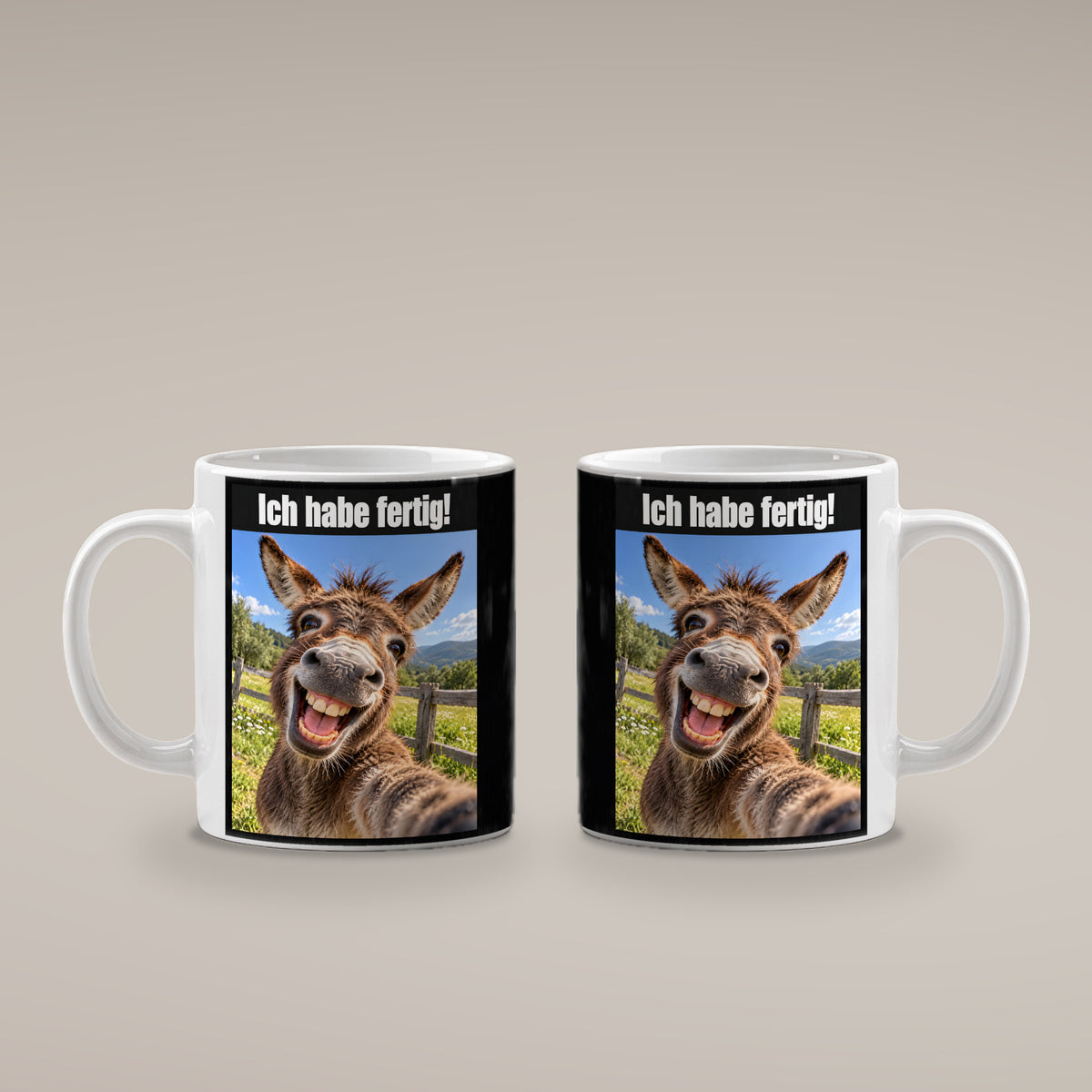 Lachender Esel – Tasse mit Spruch. Weiß. 4 BEIDE SEITEN. KI-Motiv.