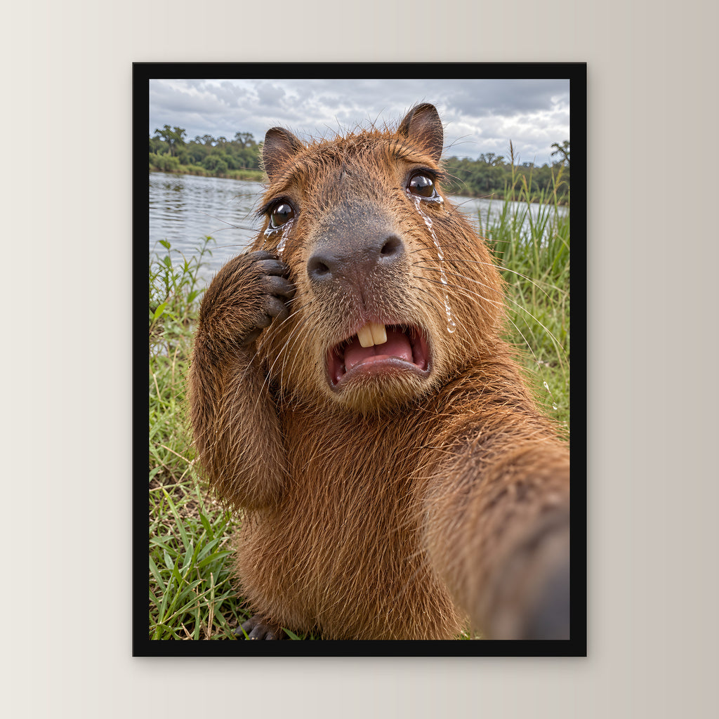 Weinendes Capybara – Gerahmtes Wandbild. 30×40 cm. 1 FRONTAL. KI-Motiv.