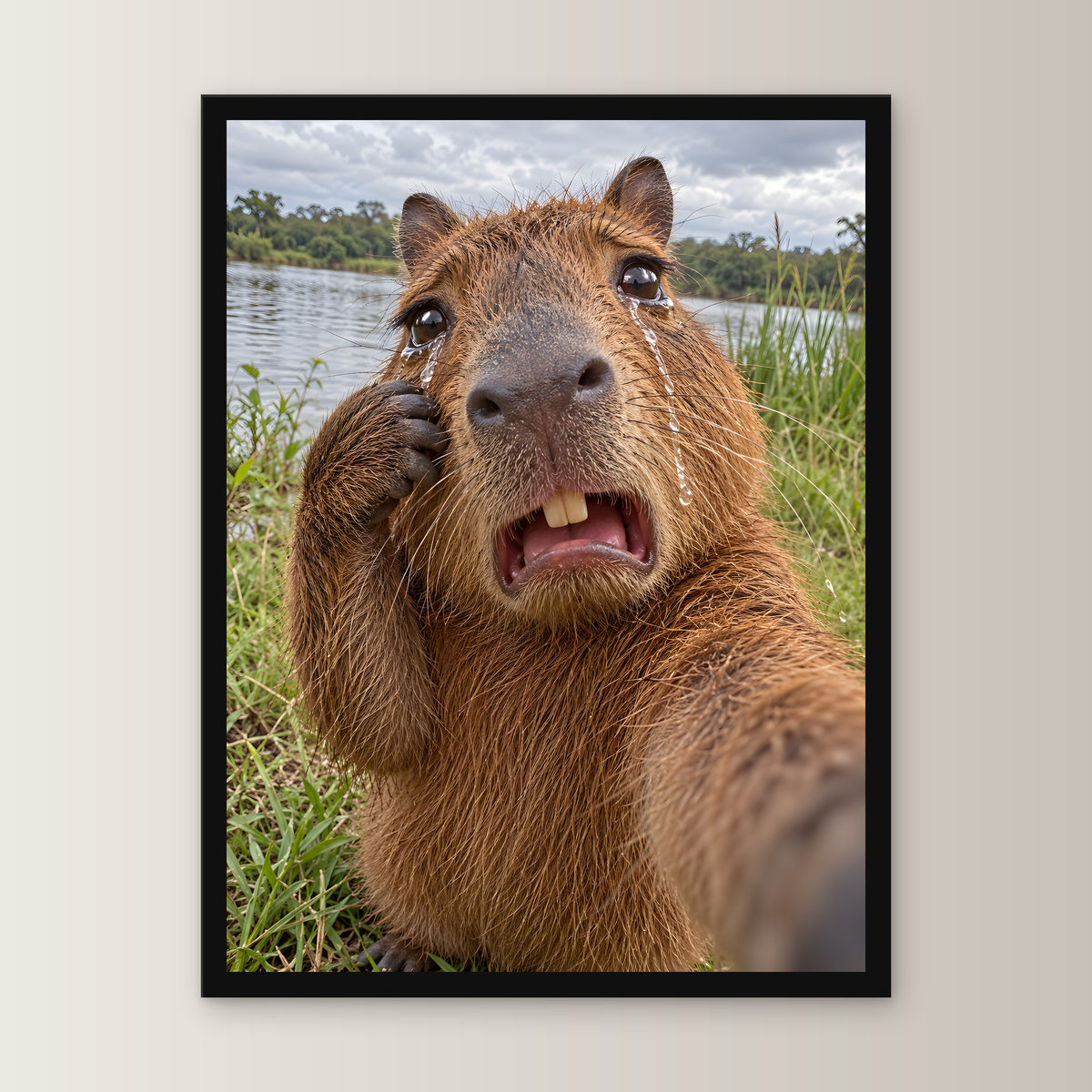 Weinendes Capybara – Gerahmtes Wandbild. 30×40 cm. 1 FRONTAL. KI-Motiv.
