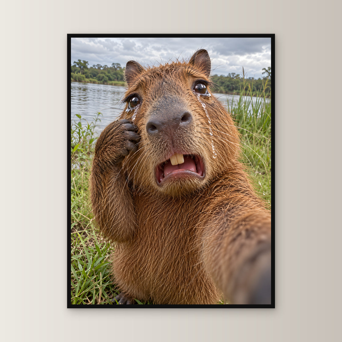 Weinendes Capybara – Gerahmtes Wandbild. 60×80 cm. 1 FRONTAL. KI-Motiv.