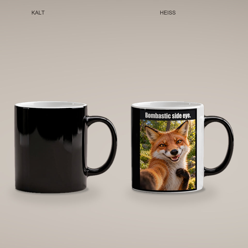 Frech grinsender Fuchs – Tasse mit Spruch. Zaubertasse: Wärmeeffekt. 4 KALT HEISS. KI-Motiv.