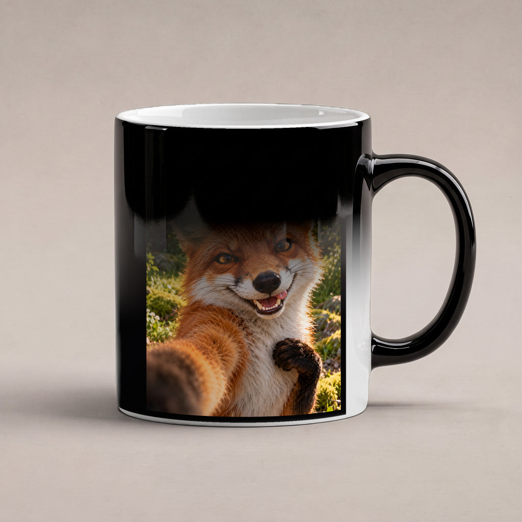 Frech grinsender Fuchs – Tasse mit Spruch. Zaubertasse: Wärmeeffekt. 6 WAERMEEFFEKT. KI-Motiv.