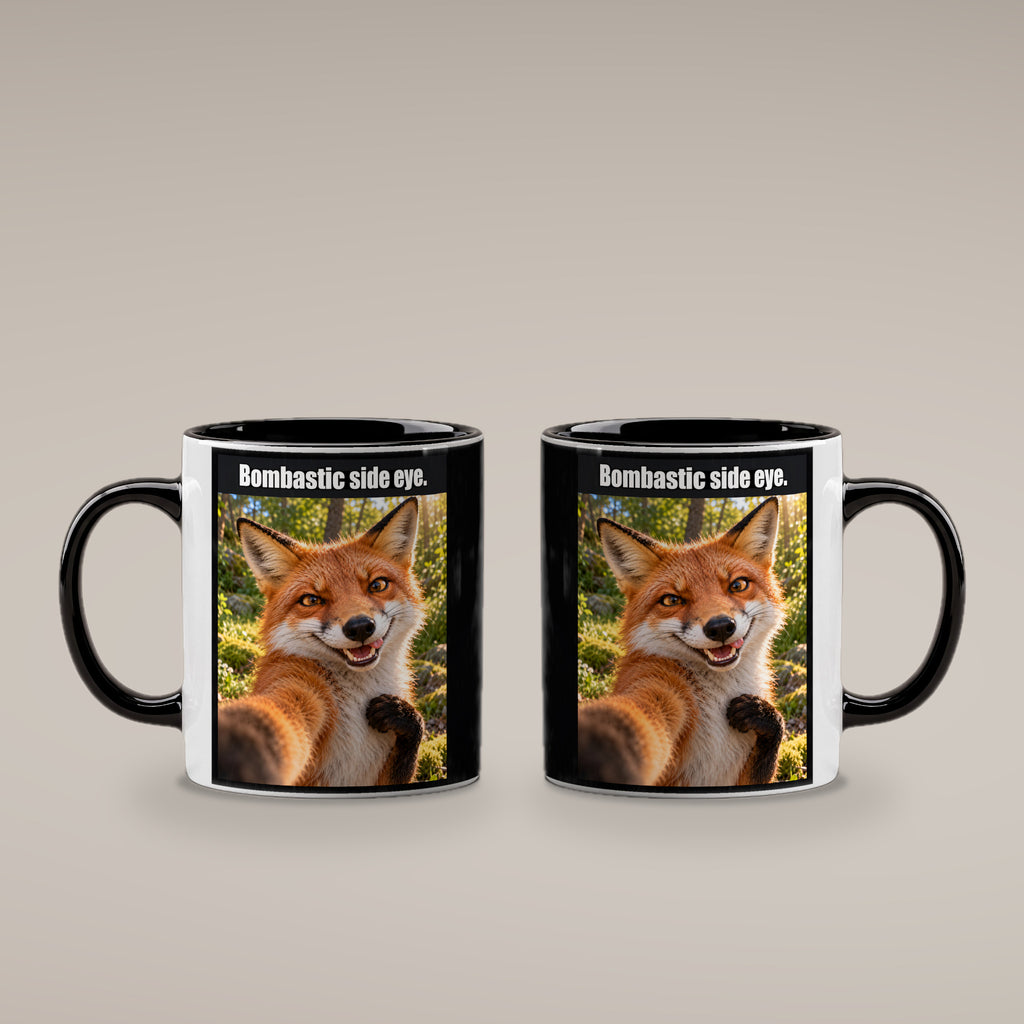 Frech grinsender Fuchs – Tasse mit Spruch. Innen schwarz. 4 BEIDE SEITEN. KI-Motiv.