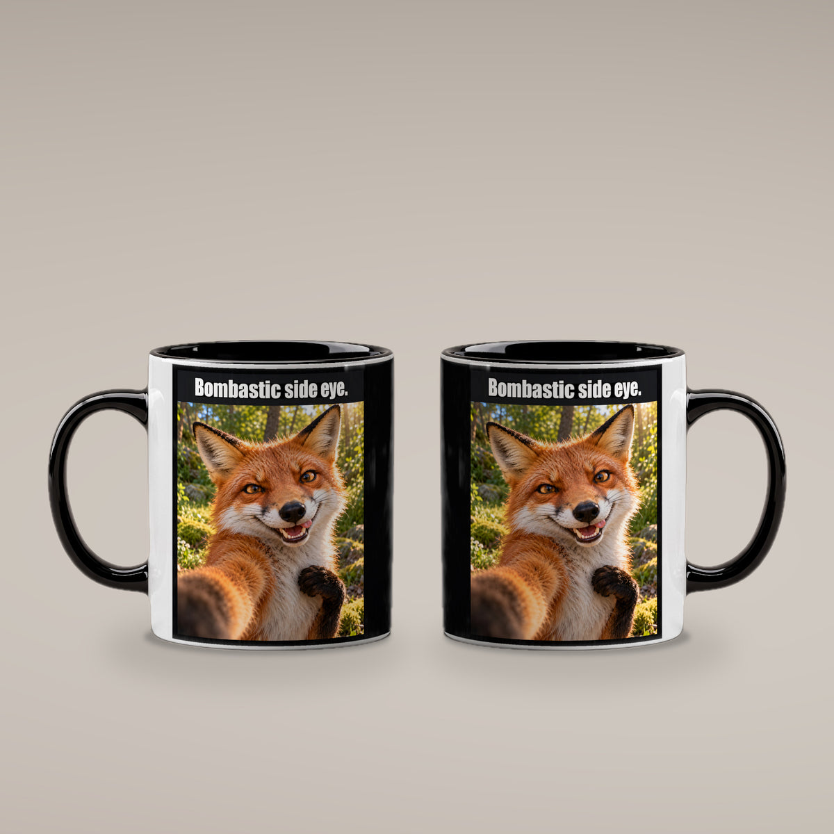 Frech grinsender Fuchs – Tasse mit Spruch. Innen schwarz. 4 BEIDE SEITEN. KI-Motiv.