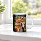 Frech grinsender Fuchs – Tasse mit Spruch. Weiß. 3 FENSTER. KI-Motiv.