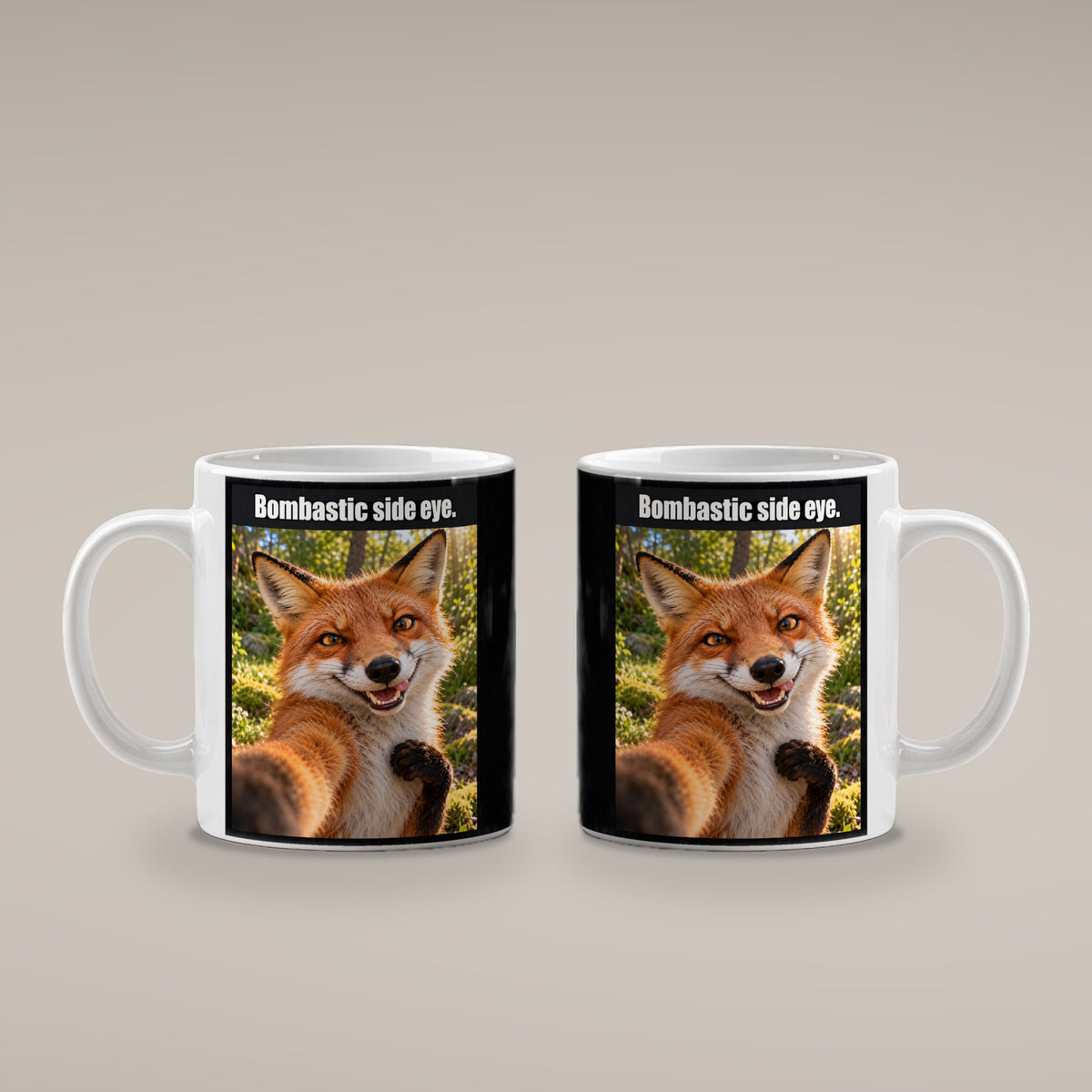 Frech grinsender Fuchs – Tasse mit Spruch. Weiß. 4 BEIDE SEITEN. KI-Motiv.