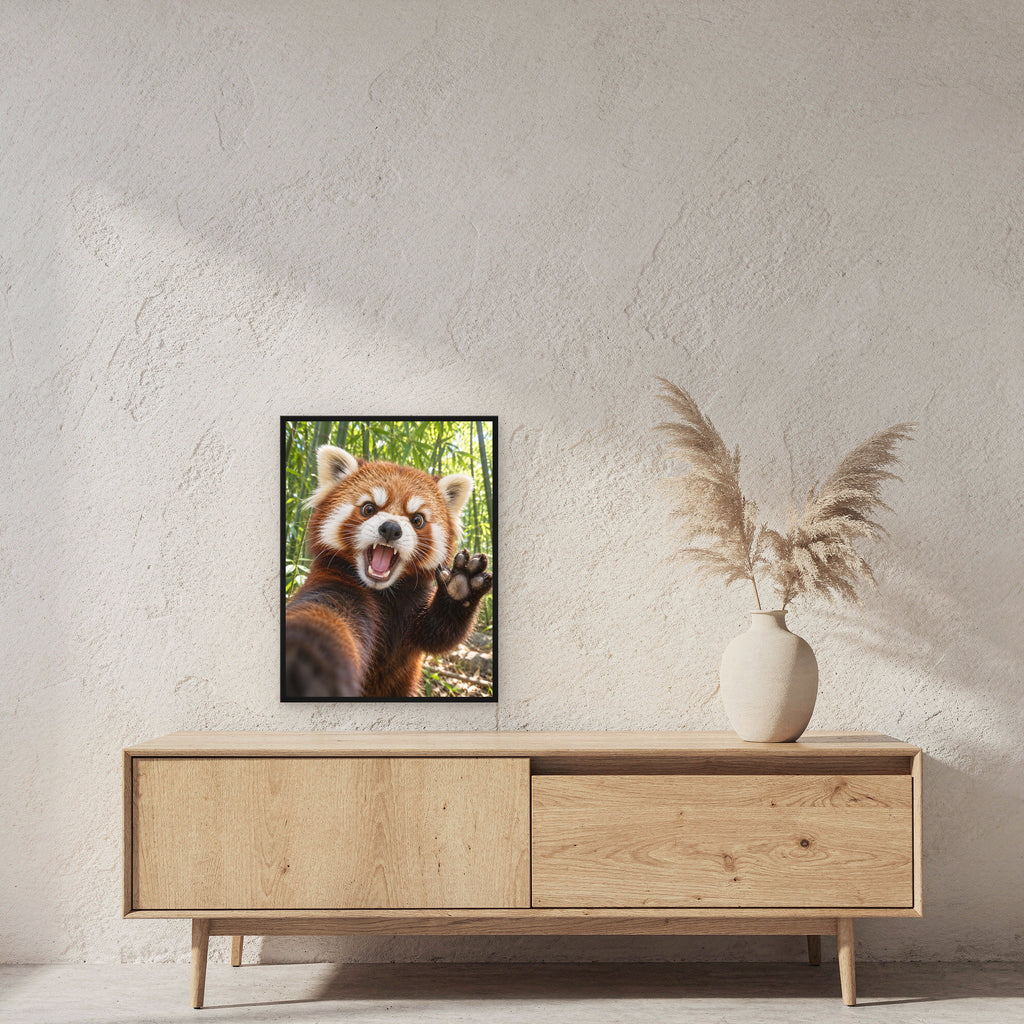Empörter roter Panda – Gerahmtes Wandbild. 45×60 cm. 2 RAUM. KI-Motiv.