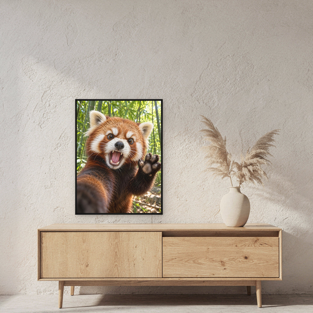 Empörter roter Panda – Gerahmtes Wandbild. 60×80 cm. 2 RAUM. KI-Motiv.