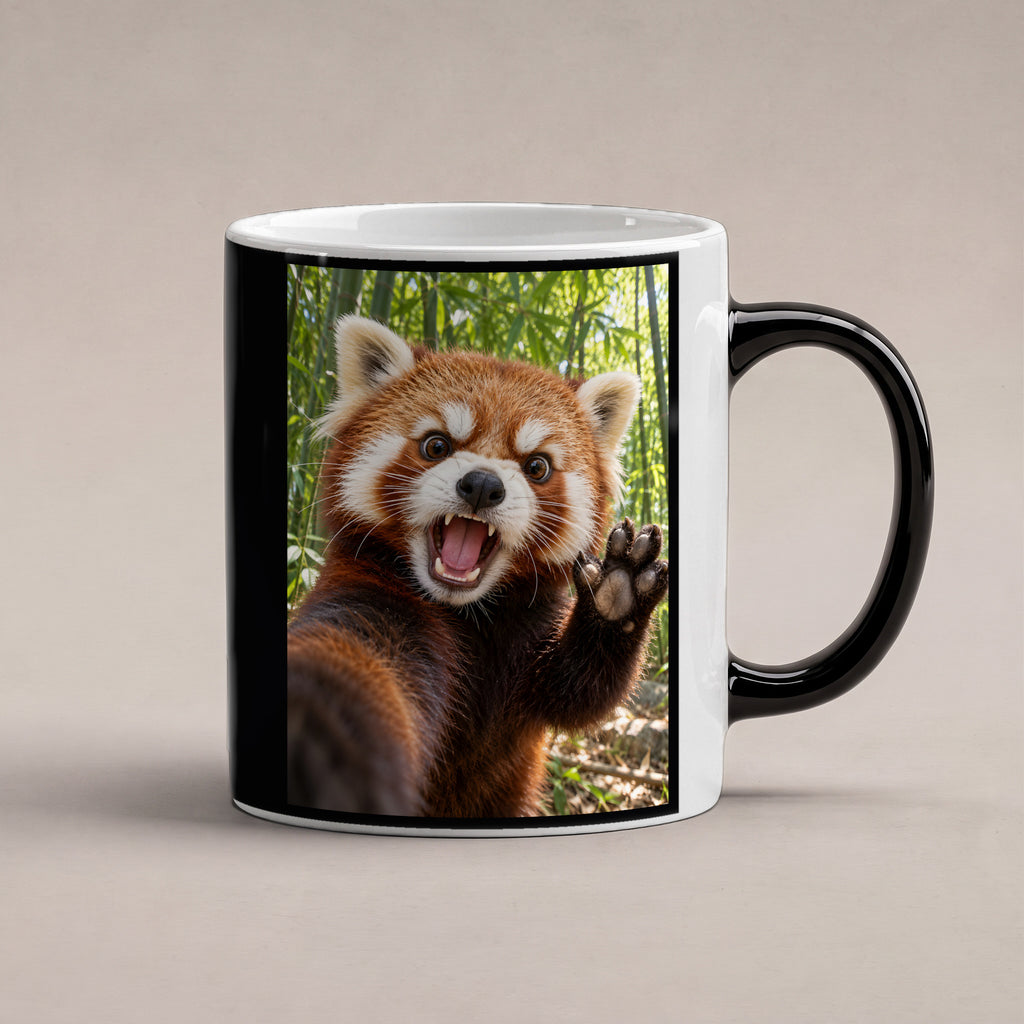 Empörter roter Panda – Tasse. Zaubertasse: Wärmeeffekt. 1 STUDIO HEISS. KI-Motiv.