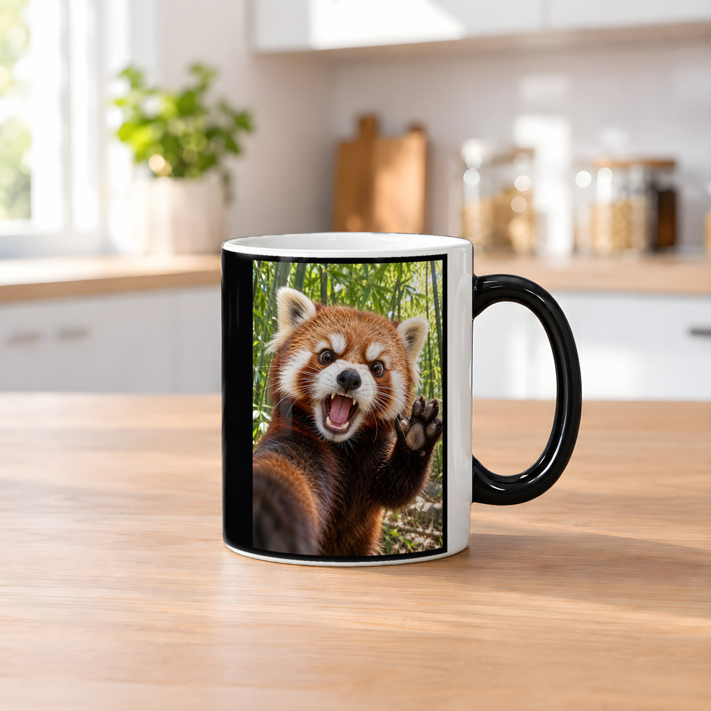 Empörter roter Panda – Tasse. Zaubertasse: Wärmeeffekt. 2 KUECHE HEISS. KI-Motiv.