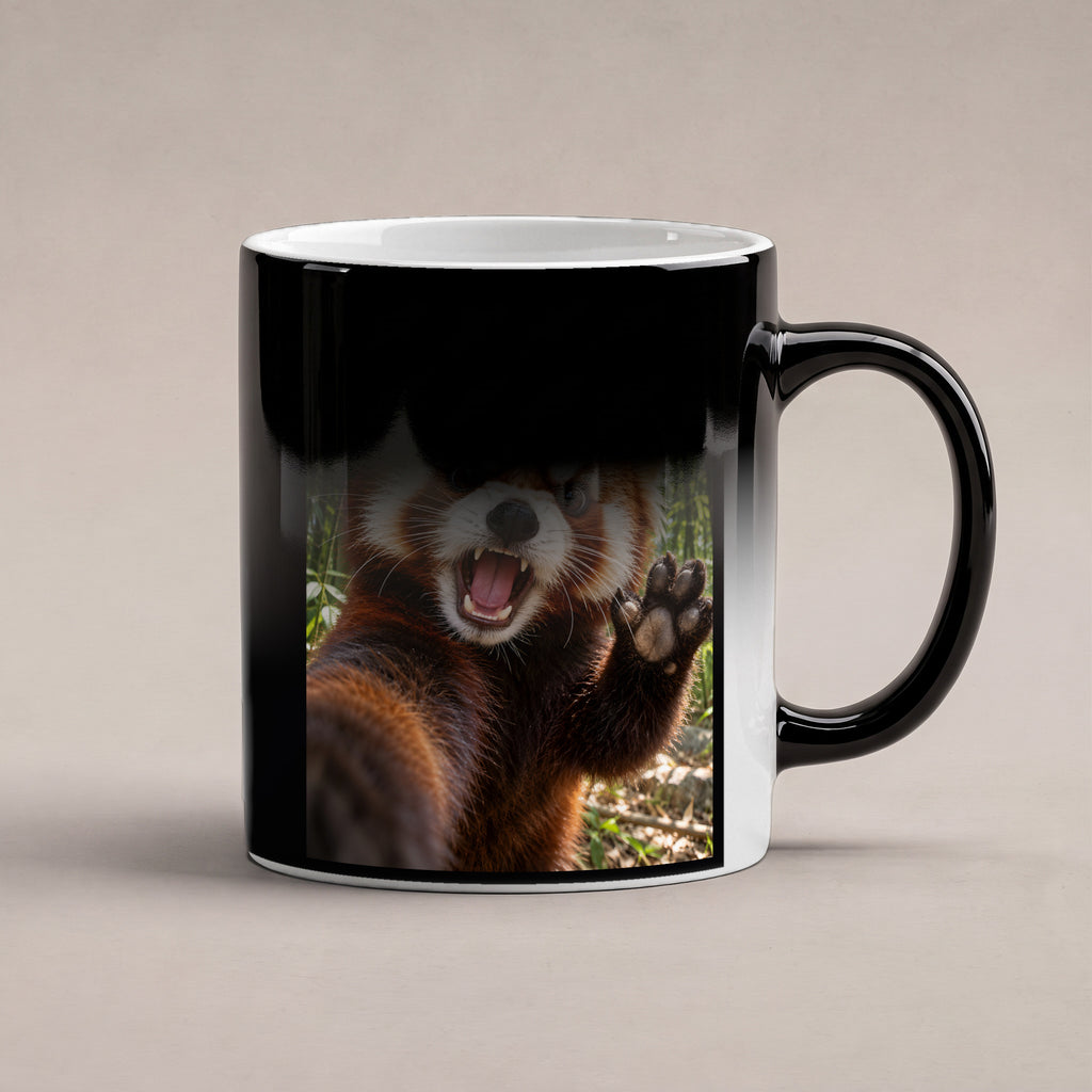 Empörter roter Panda – Tasse. Zaubertasse: Wärmeeffekt. 6 WAERMEEFFEKT. KI-Motiv.
