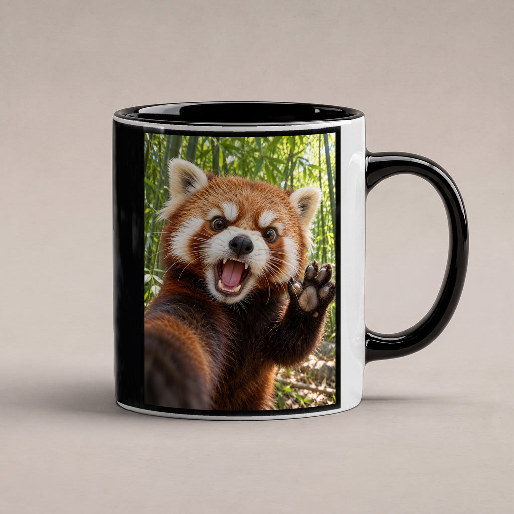 Empörter roter Panda – Tasse. Innen schwarz. 1 STUDIO. KI-Motiv.