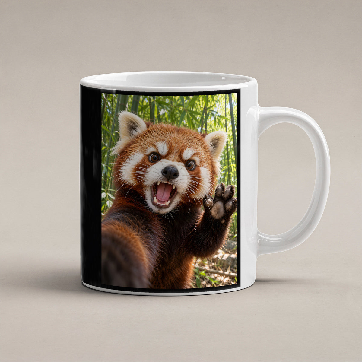 Empörter roter Panda – Tasse. Weiß. 1 STUDIO. KI-Motiv.