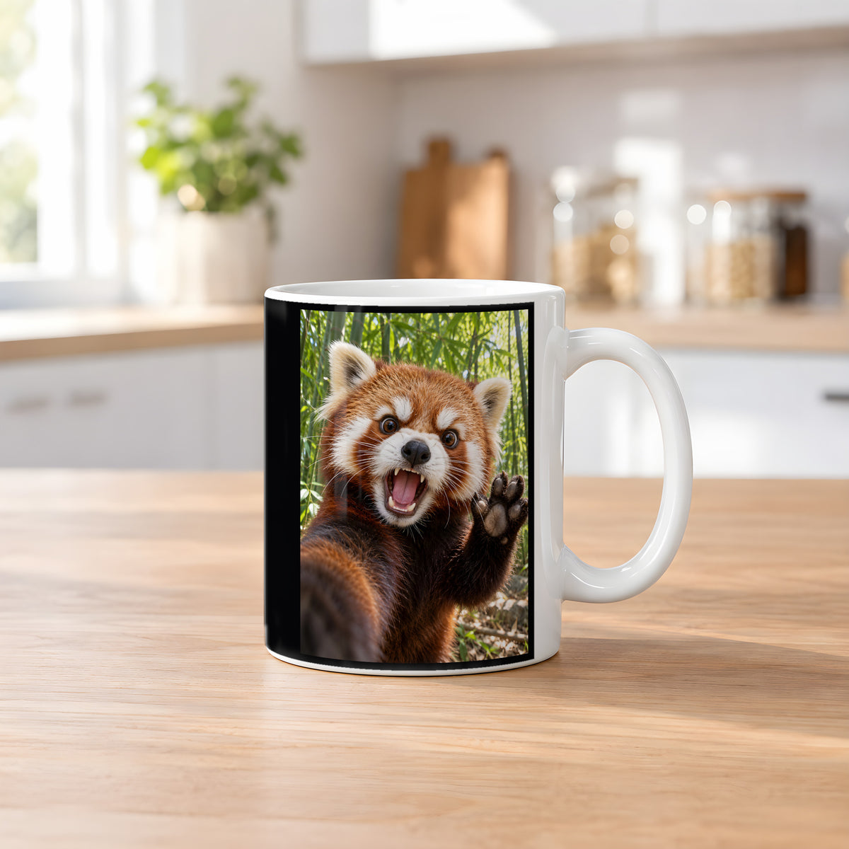 Empörter roter Panda – Tasse. Weiß. 2 KUECHE. KI-Motiv.