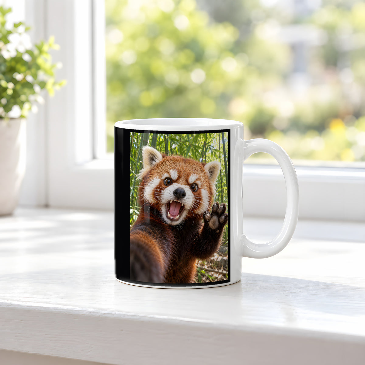 Empörter roter Panda – Tasse. Weiß. 3 FENSTER. KI-Motiv.