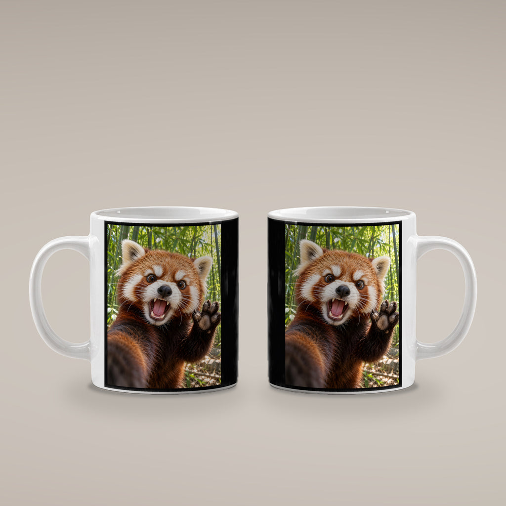 Empörter roter Panda – Tasse. Weiß. 4 BEIDE SEITEN. KI-Motiv.