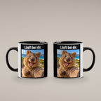 Glücklicher Quokka – Tasse mit Spruch. Innen schwarz. 4 BEIDE SEITEN. KI-Motiv.