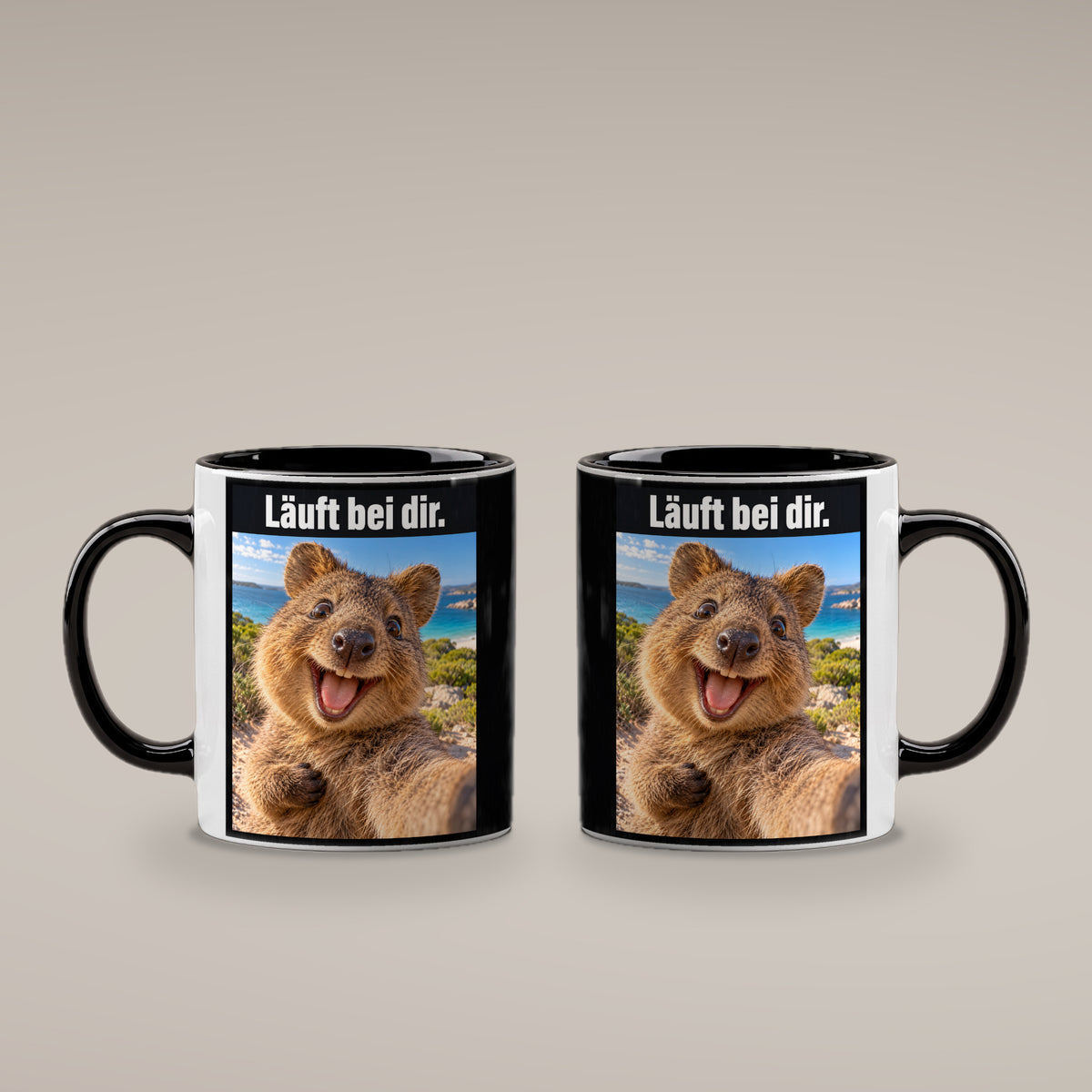 Glücklicher Quokka – Tasse mit Spruch. Innen schwarz. 4 BEIDE SEITEN. KI-Motiv.