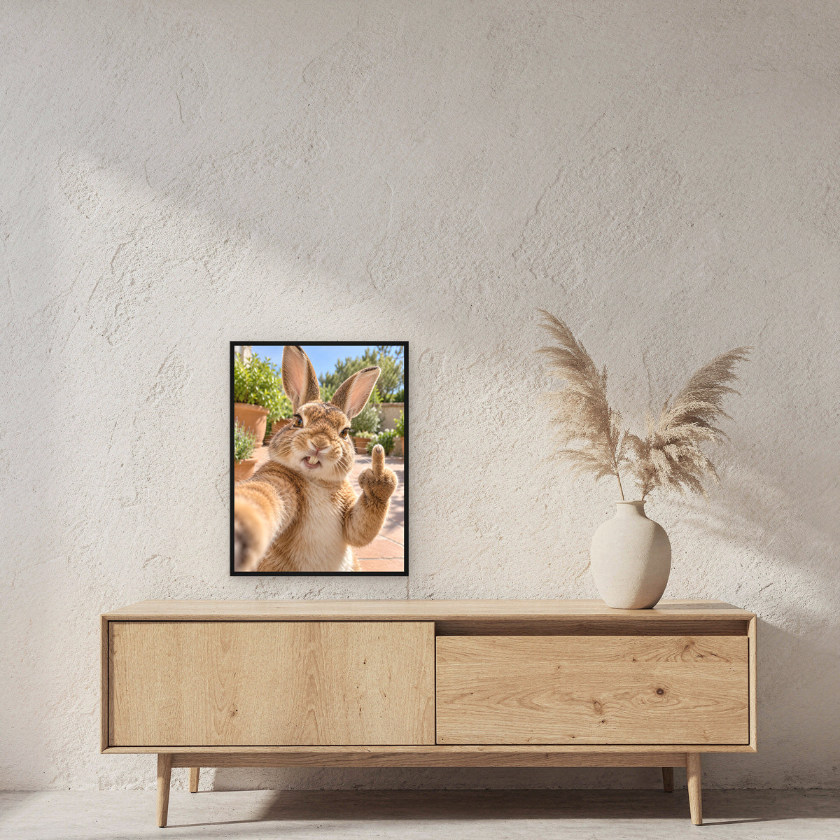 Hase mit Mittelfinger – Gerahmtes Wandbild. 45×60 cm. 2 RAUM. KI-Motiv.