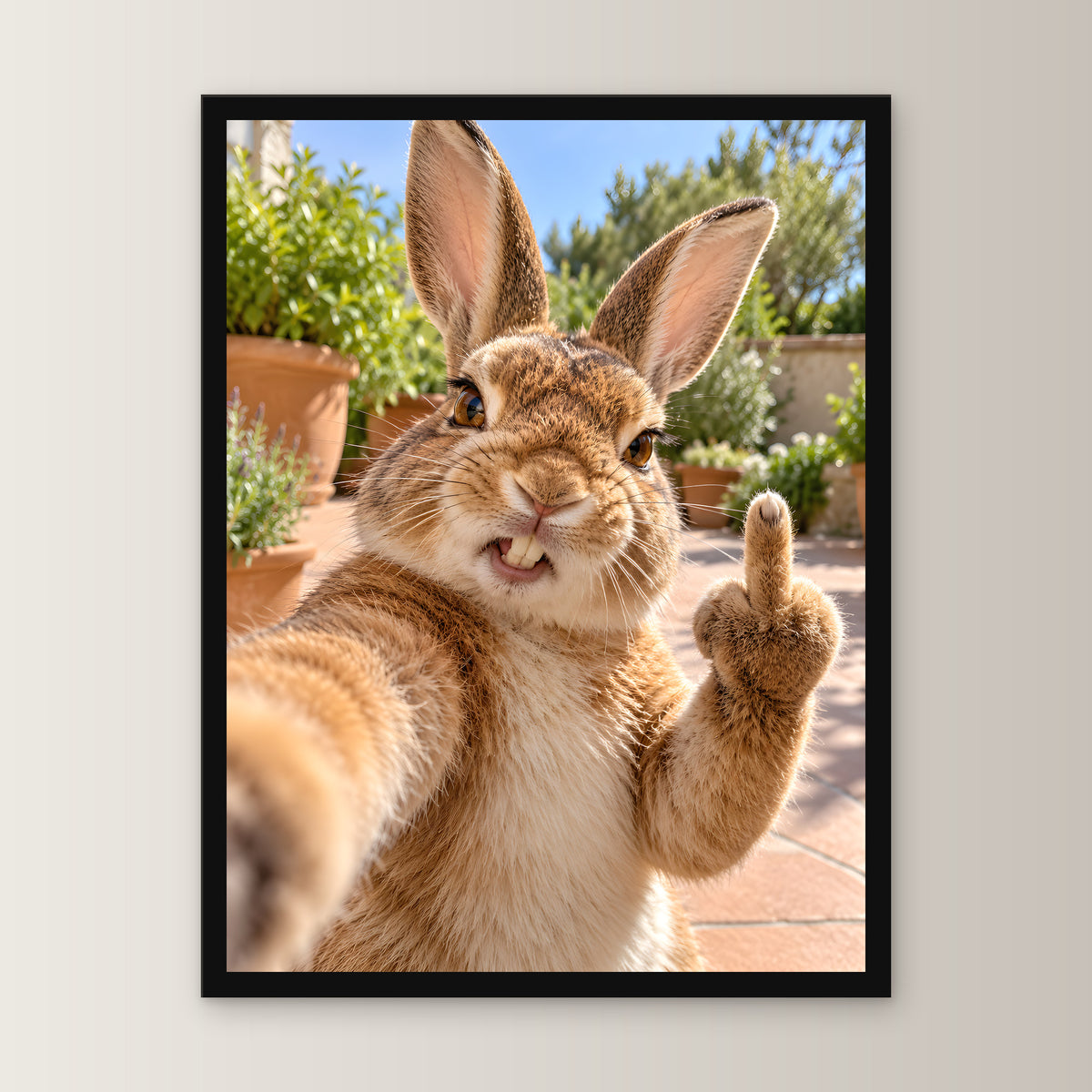 Hase mit Mittelfinger – Gerahmtes Wandbild. 30×40 cm. 1 FRONTAL. KI-Motiv.