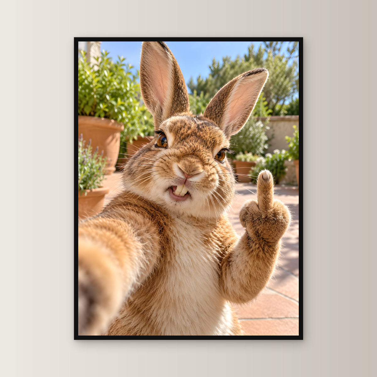 Hase mit Mittelfinger – Gerahmtes Wandbild. 60×80 cm. 1 FRONTAL. KI-Motiv.