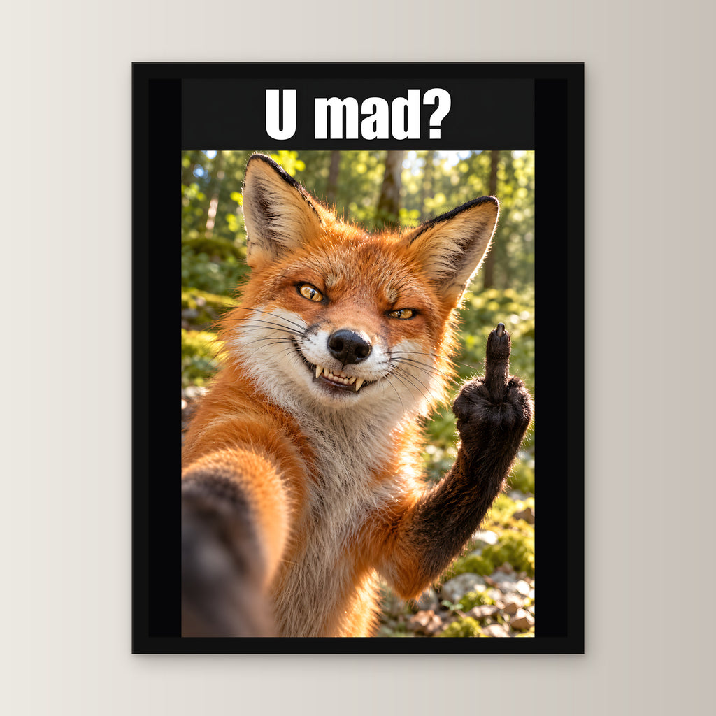 Fuchs mit Mittelfinger – Gerahmtes Wandbild mit Spruch. 30×40 cm. 1 FRONTAL. KI-Motiv.
