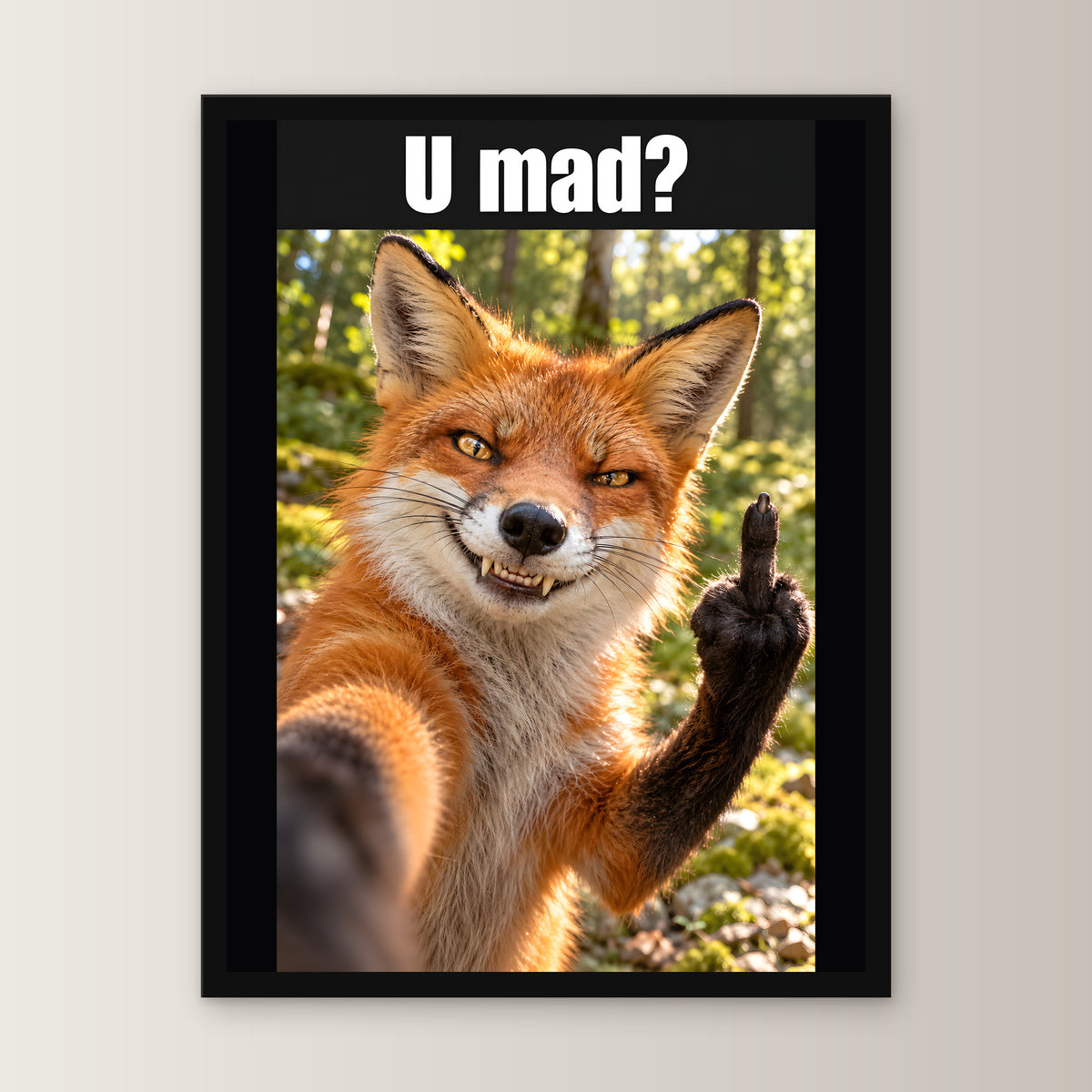 Fuchs mit Mittelfinger – Gerahmtes Wandbild mit Spruch. 30×40 cm. 1 FRONTAL. KI-Motiv.
