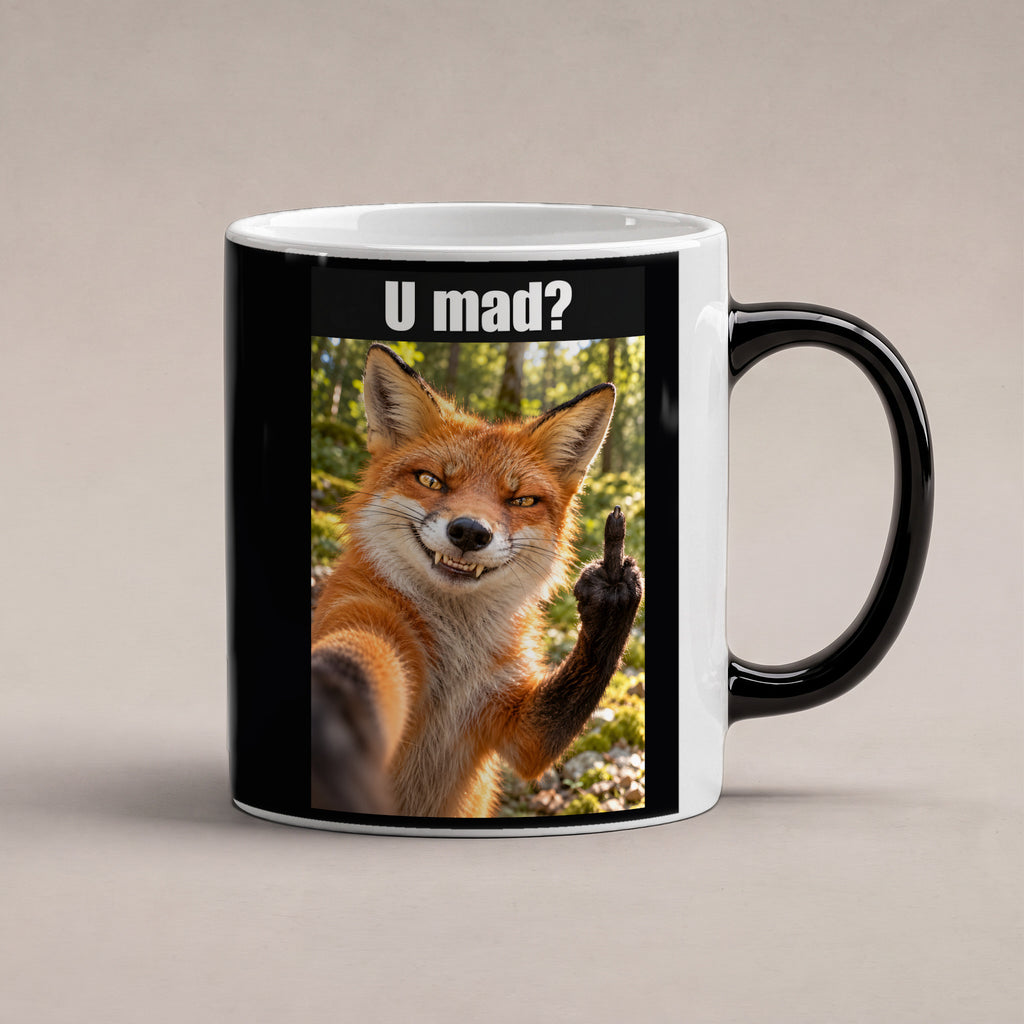 Fuchs mit Mittelfinger – Tasse mit Spruch. Zaubertasse: Wärmeeffekt. 1 STUDIO HEISS. KI-Motiv.