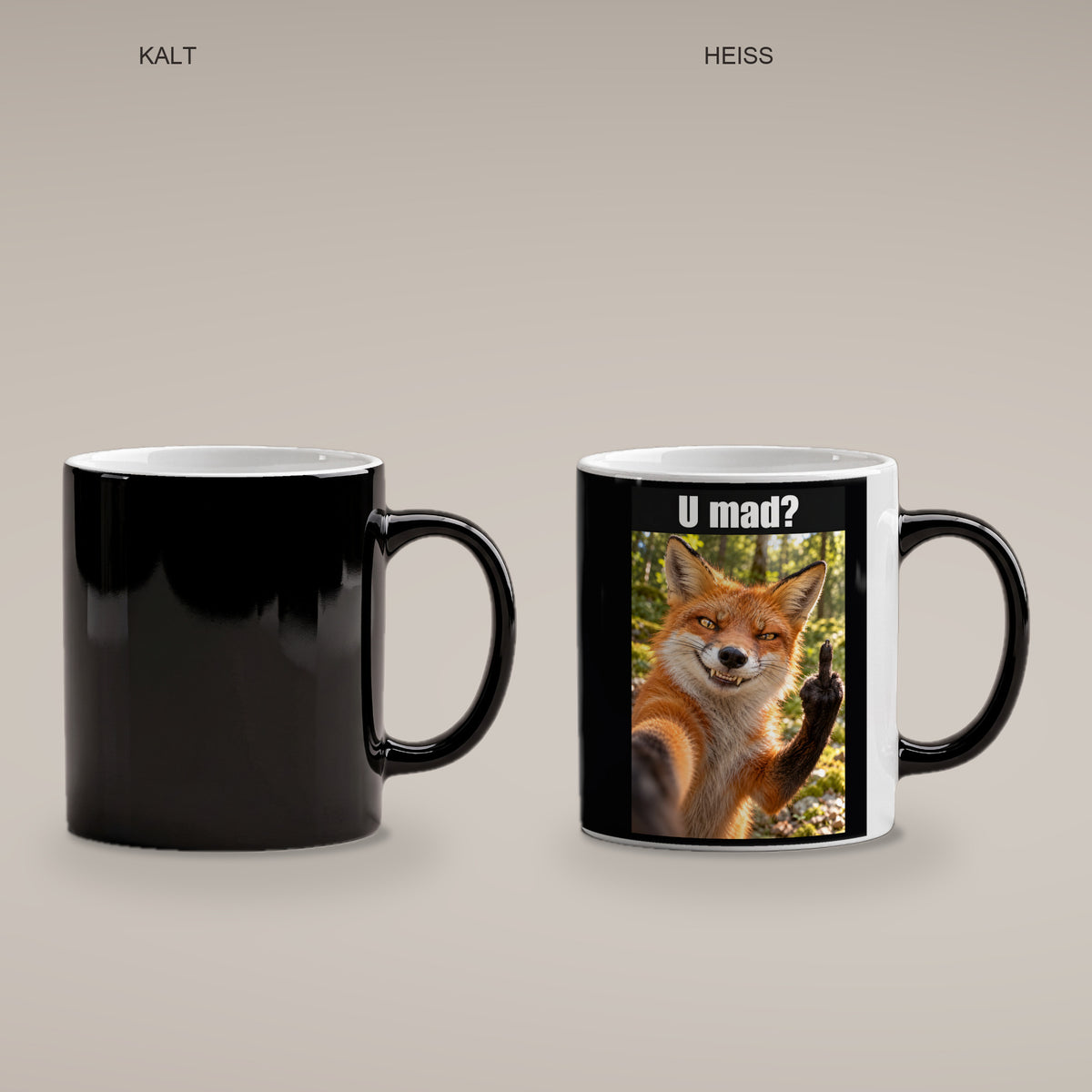 Fuchs mit Mittelfinger – Tasse mit Spruch. Zaubertasse: Wärmeeffekt. 4 KALT HEISS. KI-Motiv.