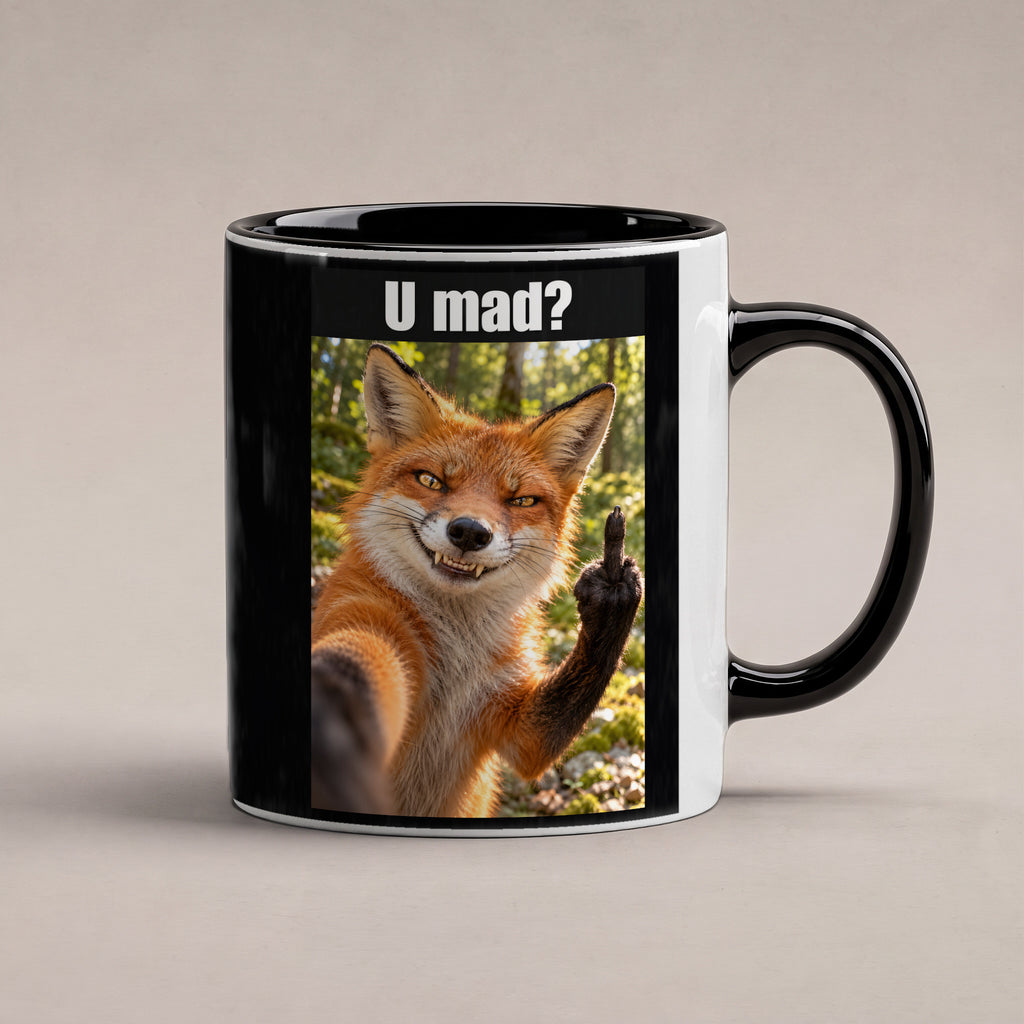 Fuchs mit Mittelfinger – Tasse mit Spruch. Innen schwarz. 1 STUDIO. KI-Motiv.