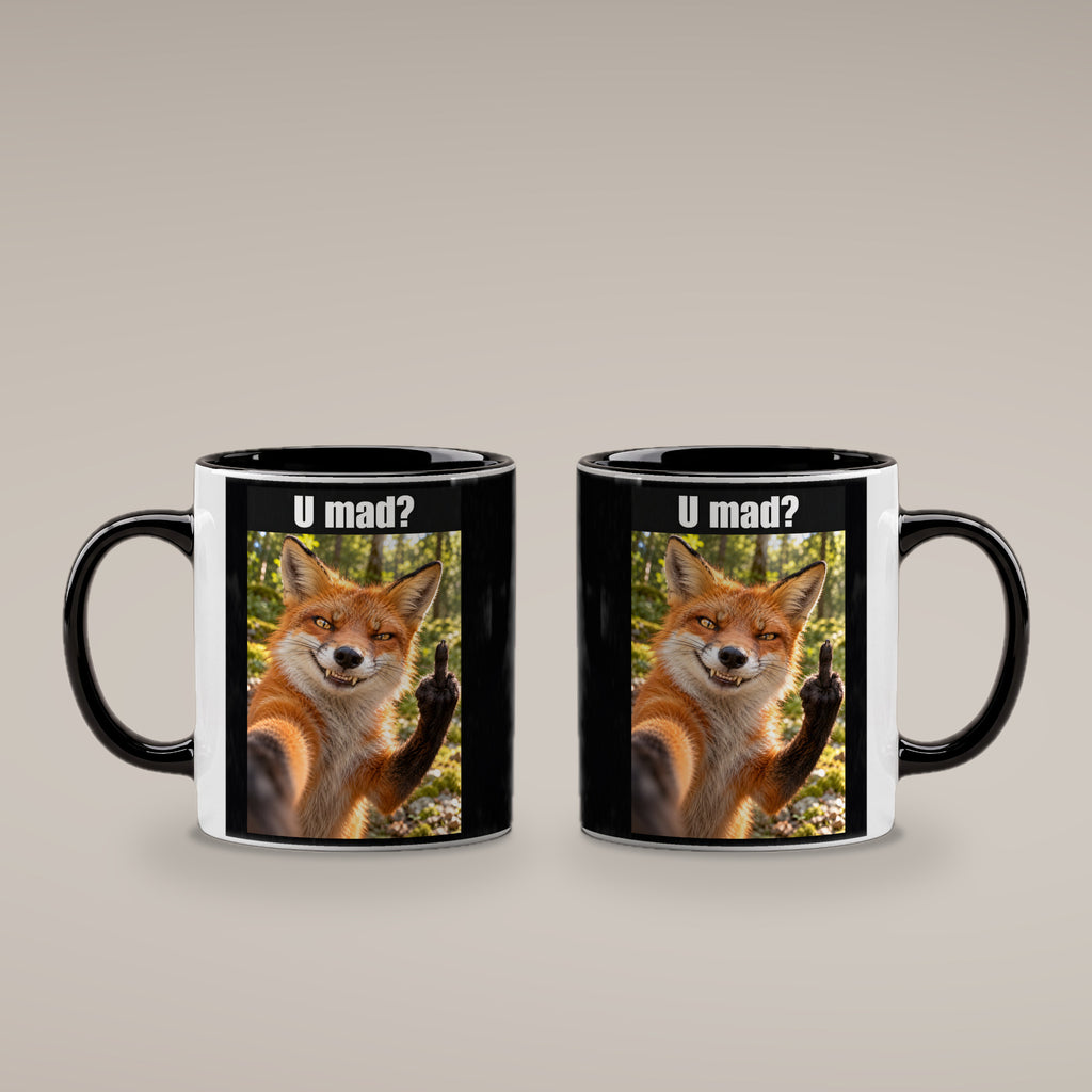 Fuchs mit Mittelfinger – Tasse mit Spruch. Innen schwarz. 4 BEIDE SEITEN. KI-Motiv.