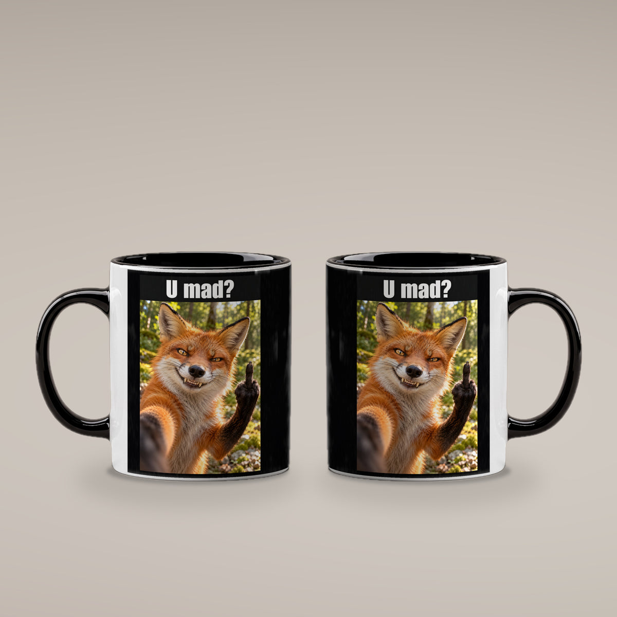 Fuchs mit Mittelfinger – Tasse mit Spruch. Innen schwarz. 4 BEIDE SEITEN. KI-Motiv.