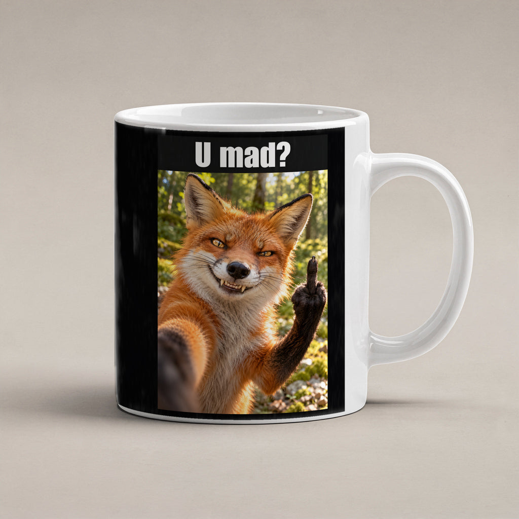Fuchs mit Mittelfinger – Tasse mit Spruch. Weiß. 1 STUDIO. KI-Motiv.