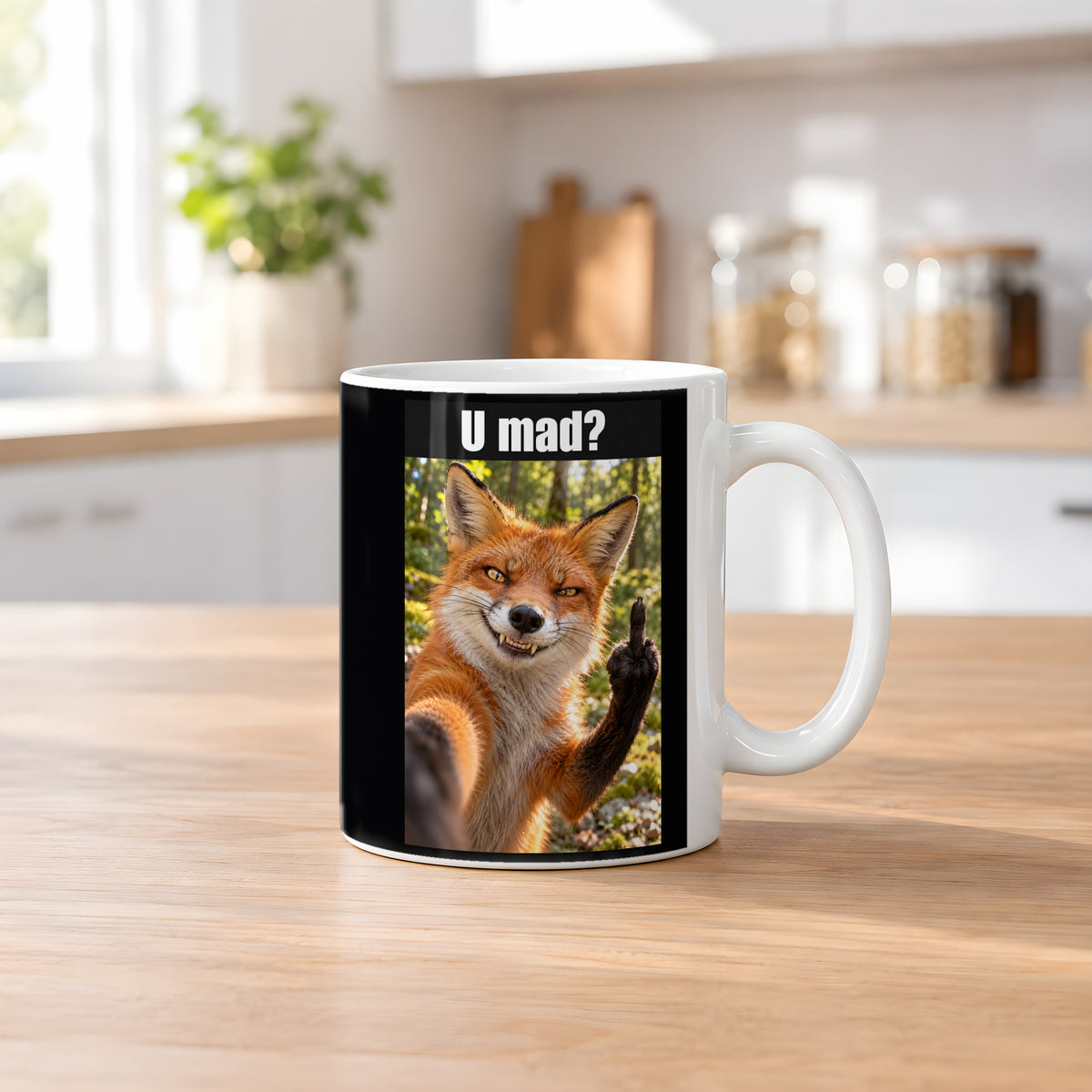 Fuchs mit Mittelfinger – Tasse mit Spruch. Weiß. 2 KUECHE. KI-Motiv.