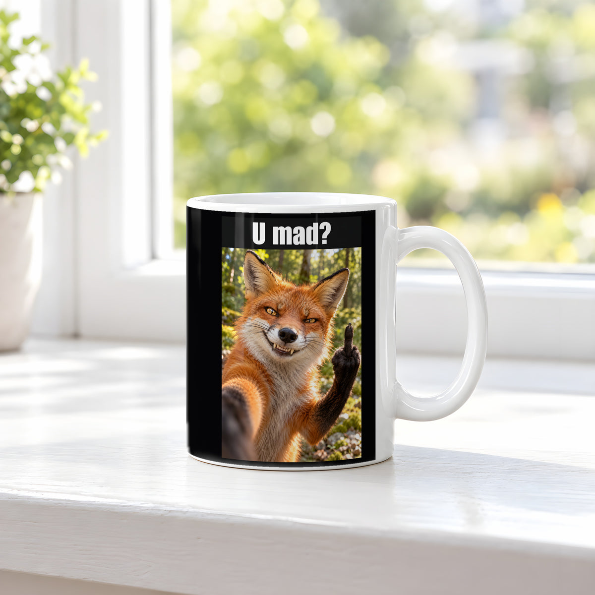 Fuchs mit Mittelfinger – Tasse mit Spruch. Weiß. 3 FENSTER. KI-Motiv.
