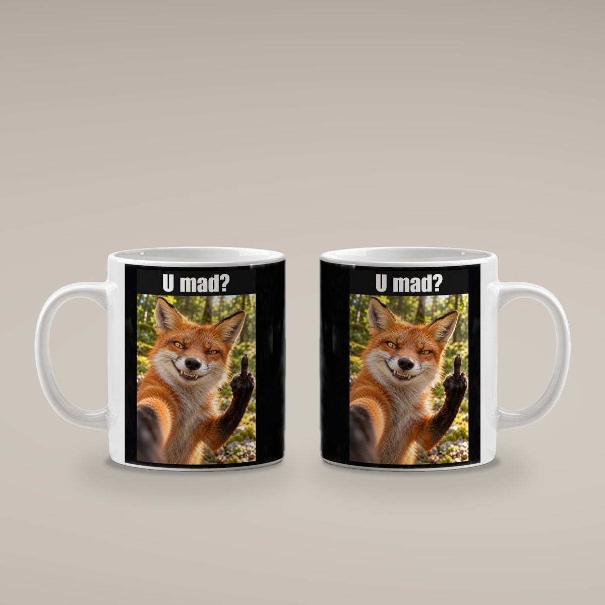 Fuchs mit Mittelfinger – Tasse mit Spruch. Weiß. 4 BEIDE SEITEN. KI-Motiv.