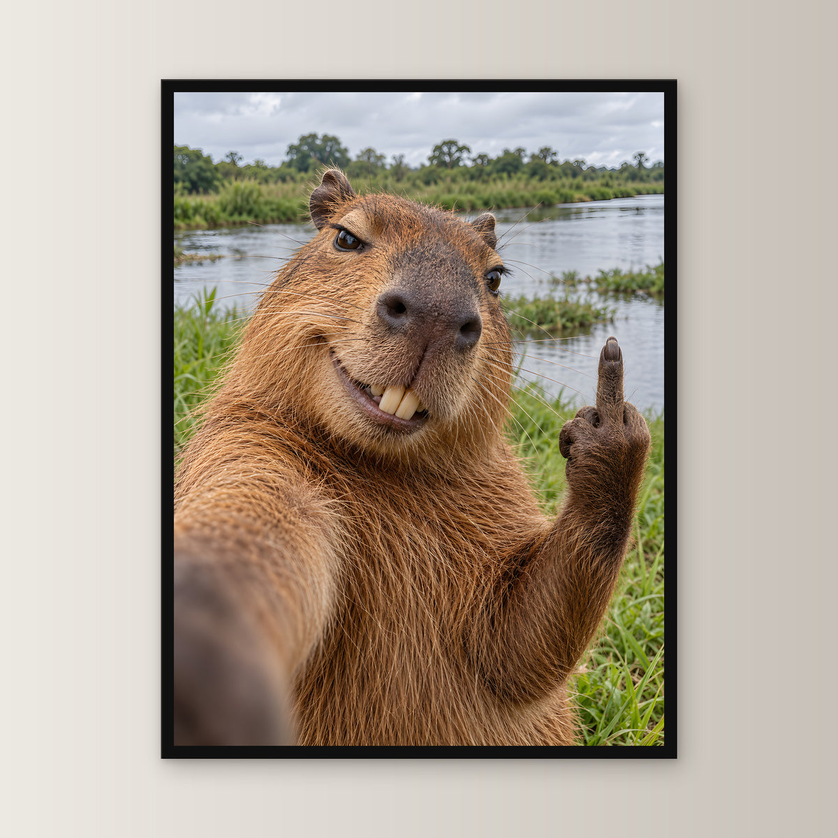 Capybara mit Mittelfinger – Gerahmtes Wandbild. 45×60 cm. 1 FRONTAL. KI-Motiv.
