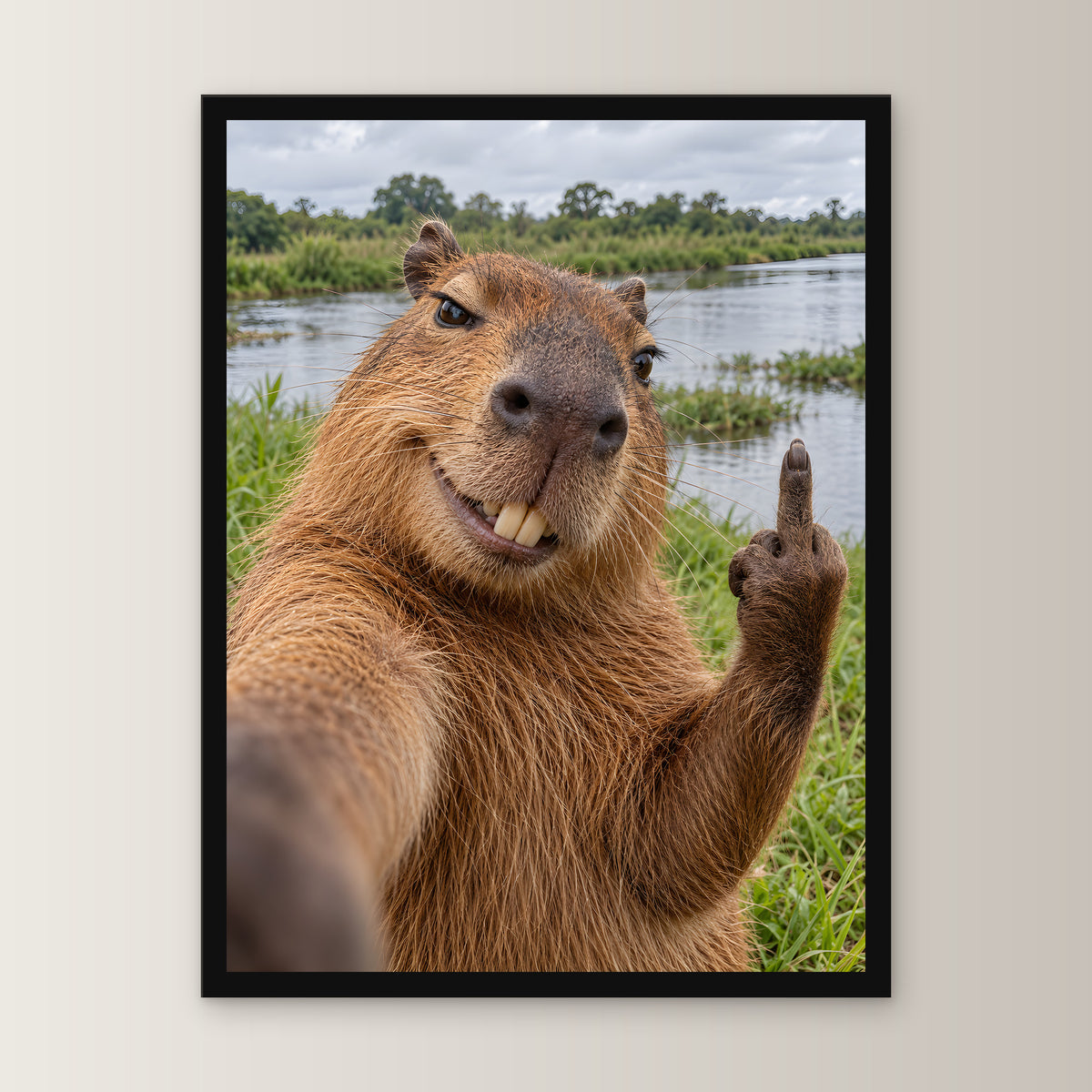 Capybara mit Mittelfinger – Gerahmtes Wandbild. 30×40 cm. 1 FRONTAL. KI-Motiv.
