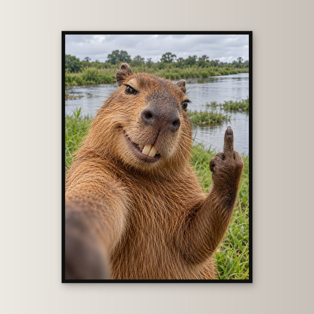 Capybara mit Mittelfinger – Gerahmtes Wandbild. 60×80 cm. 1 FRONTAL. KI-Motiv.