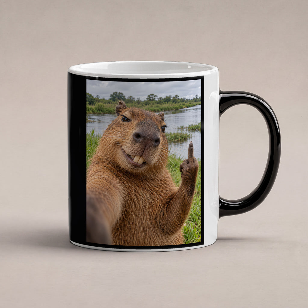 Capybara mit Mittelfinger – Tasse. Zaubertasse: Wärmeeffekt. 1 STUDIO HEISS. KI-Motiv.