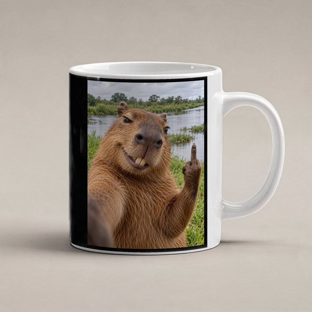 Capybara mit Mittelfinger – Tasse. Weiß. 1 STUDIO. KI-Motiv.
