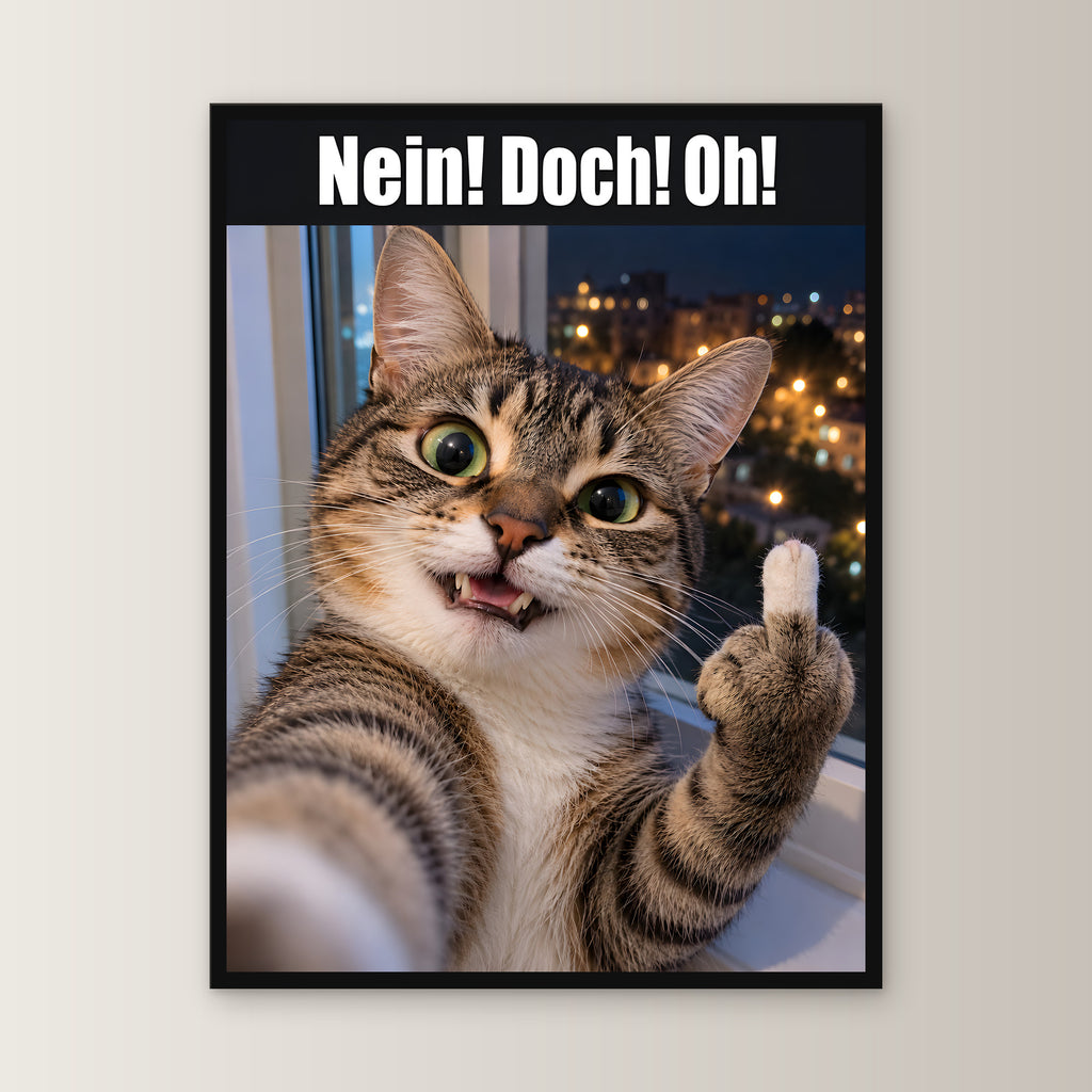 Katze mit Mittelfinger – Gerahmtes Wandbild mit Spruch. 45×60 cm. 1 FRONTAL. KI-Motiv.