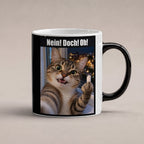 Katze mit Mittelfinger – Tasse mit Spruch. Zaubertasse: Wärmeeffekt. 1 STUDIO HEISS. KI-Motiv.