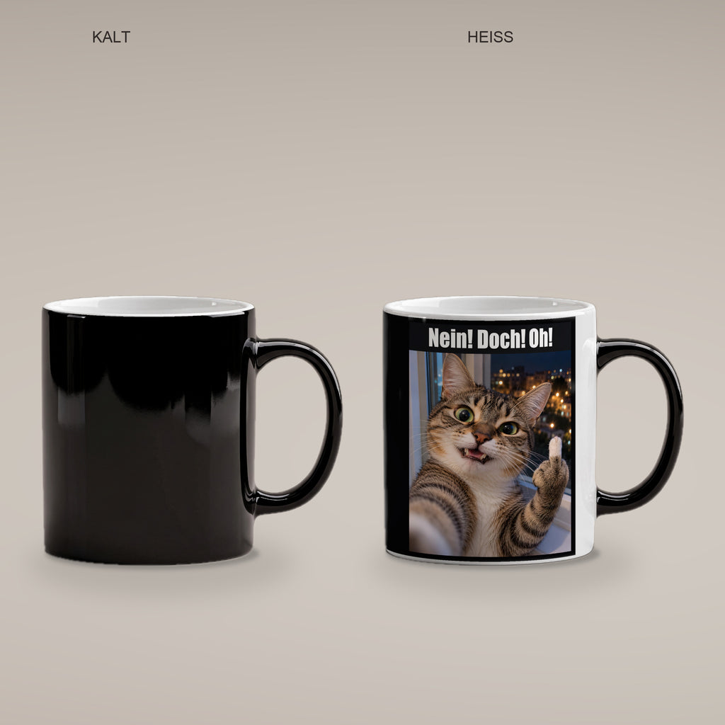 Katze mit Mittelfinger – Tasse mit Spruch. Zaubertasse: Wärmeeffekt. 4 KALT HEISS. KI-Motiv.