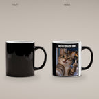 Katze mit Mittelfinger – Tasse mit Spruch. Zaubertasse: Wärmeeffekt. 4 KALT HEISS. KI-Motiv.